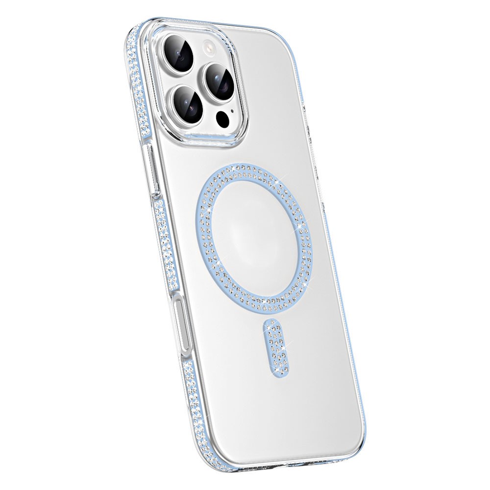 For iPhone 16 Pro Max Magnetic Case TPU + Acrylic Phone Back Cover Rhinestone Decor - Sky Blue