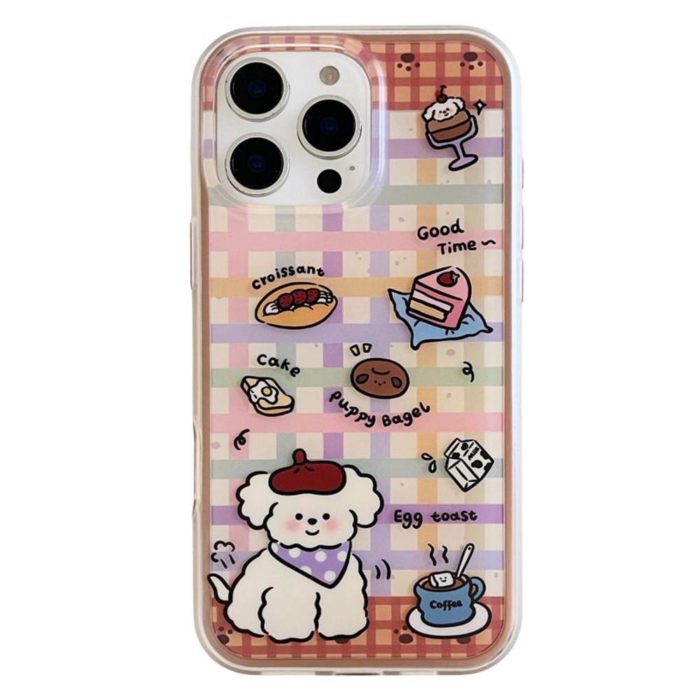 For iPhone 16 Pro Max Case IMD Cartoon Dog Pattern TPU Shockproof Phone Cover - Colorful Plaid