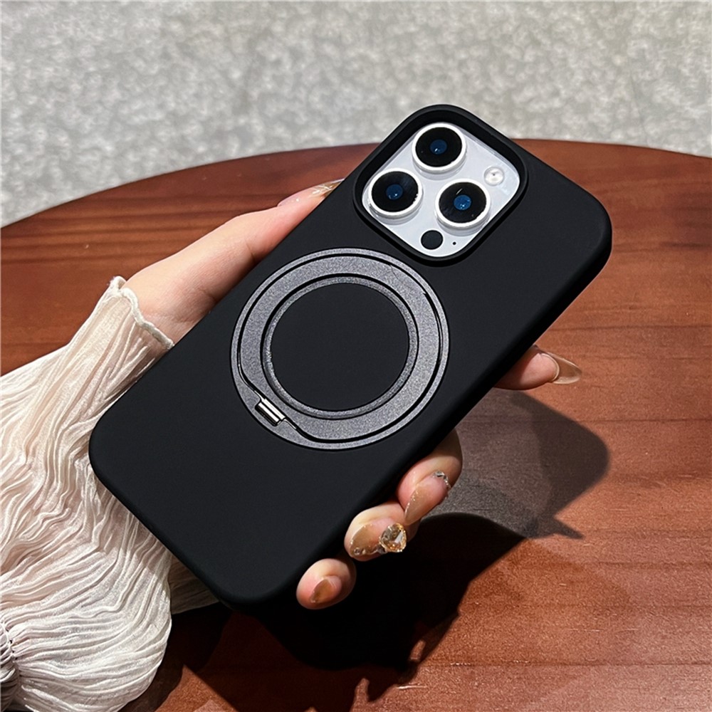 For iPhone 16 Pro Max Case Rotating Kickstand Liquid Silicone Phone Case Compatible with MagSafe - Black