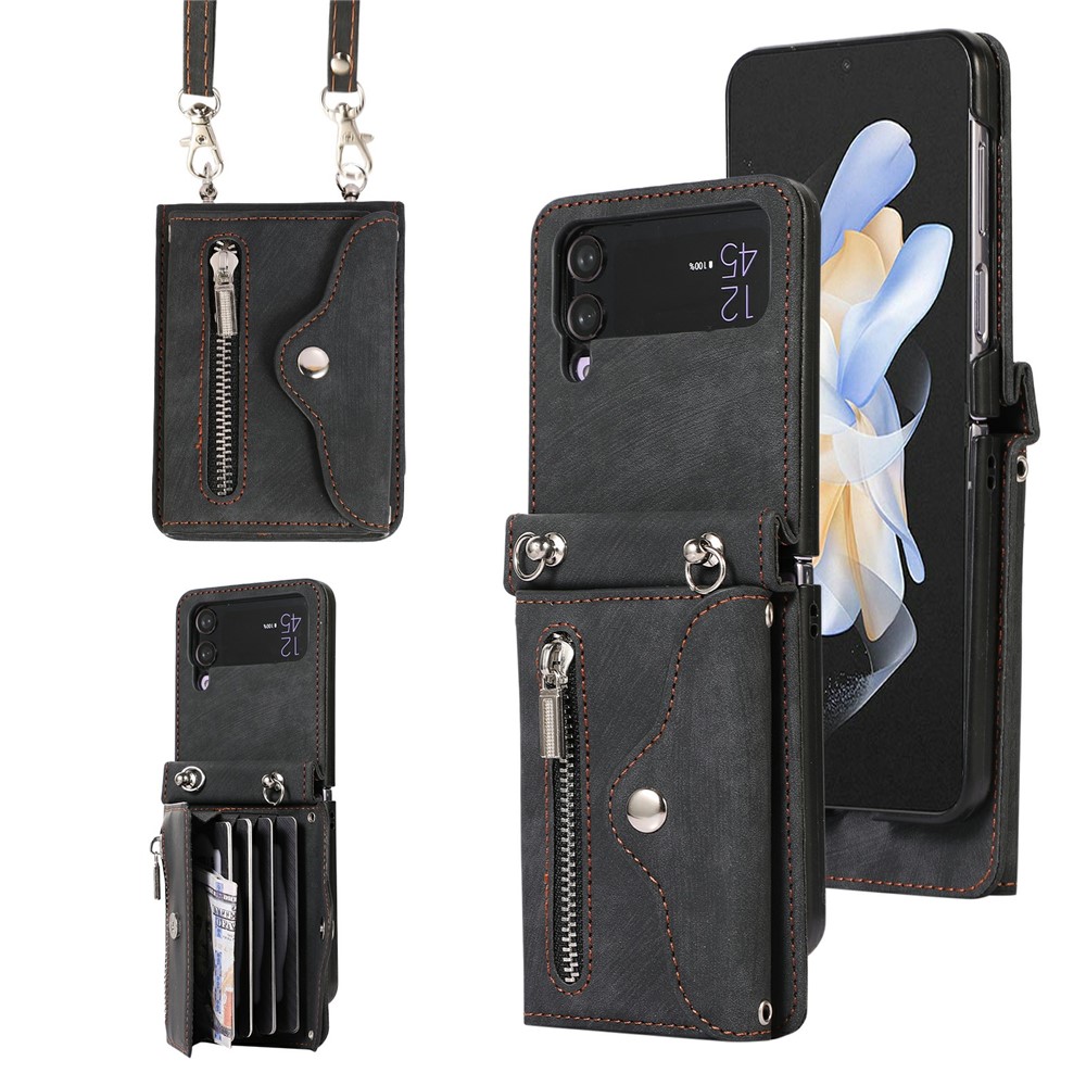 For Samsung Galaxy Z Flip4 5G Case PU Leather + TPU RFID Blocking Card Slots Phone Cover with 2 Straps - Black
