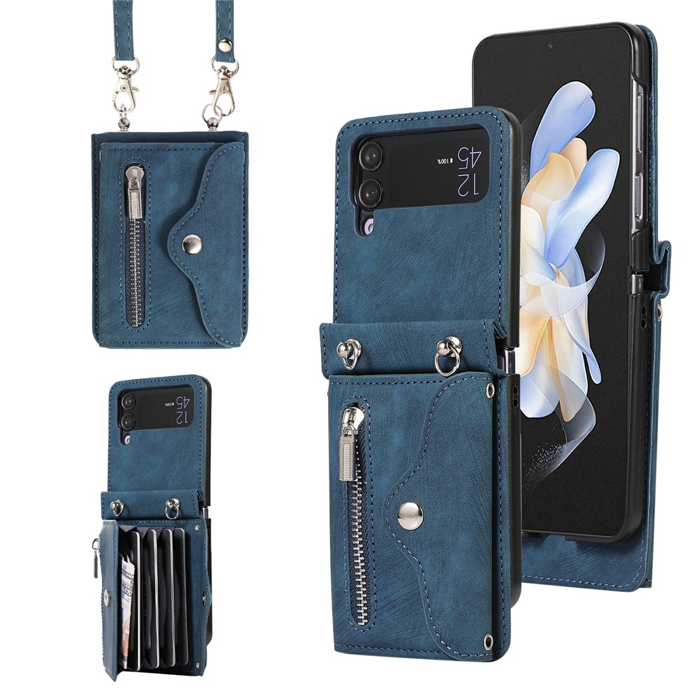 For Samsung Galaxy Z Flip4 5G Case PU Leather + TPU RFID Blocking Card Slots Phone Cover with 2 Straps - Blue