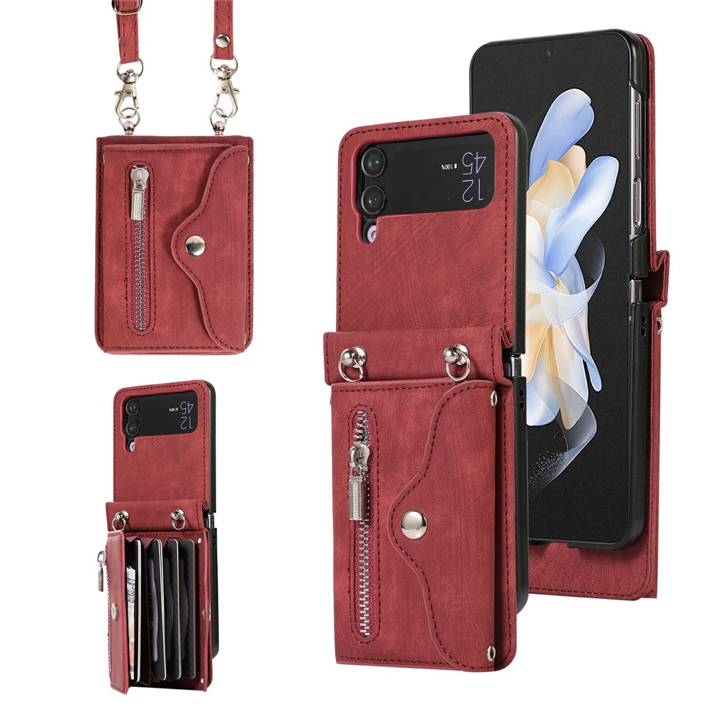 For Samsung Galaxy Z Flip4 5G Case PU Leather + TPU RFID Blocking Card Slots Phone Cover with 2 Straps - Red