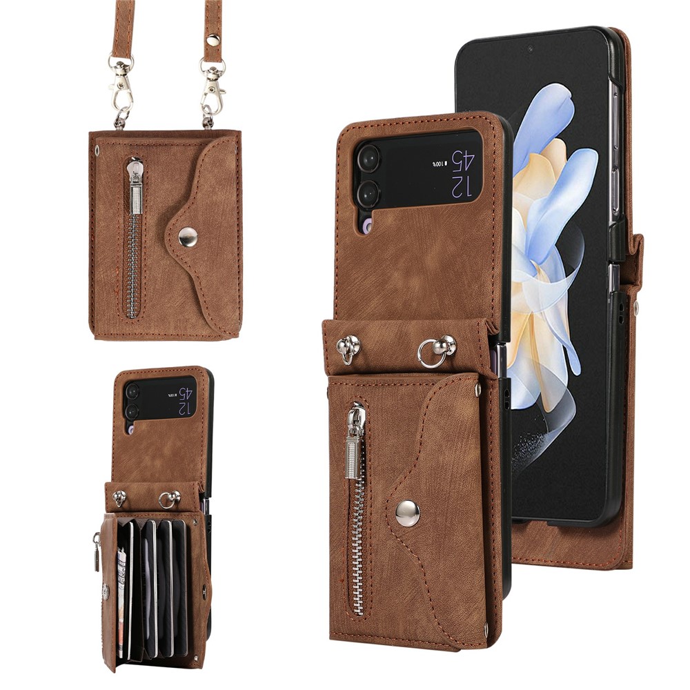 For Samsung Galaxy Z Flip4 5G Case PU Leather + TPU RFID Blocking Card Slots Phone Cover with 2 Straps - Brown