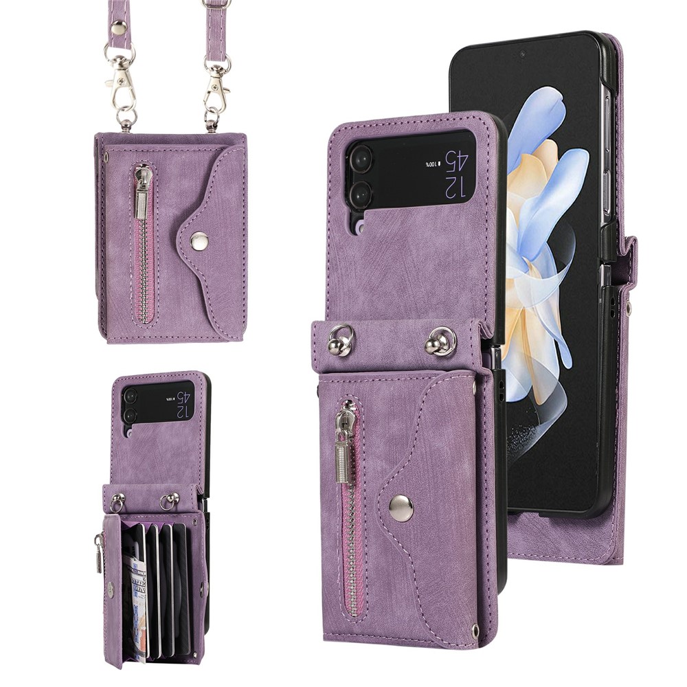 For Samsung Galaxy Z Flip4 5G Case PU Leather + TPU RFID Blocking Card Slots Phone Cover with 2 Straps - Purple
