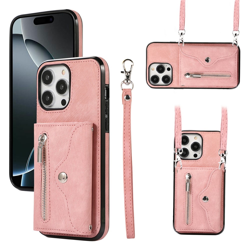 For iPhone 16 Pro Max Cell Phone Case PU Leather+TPU RFID Blocking Card Slots Cover with 2 Straps - Rose Gold
