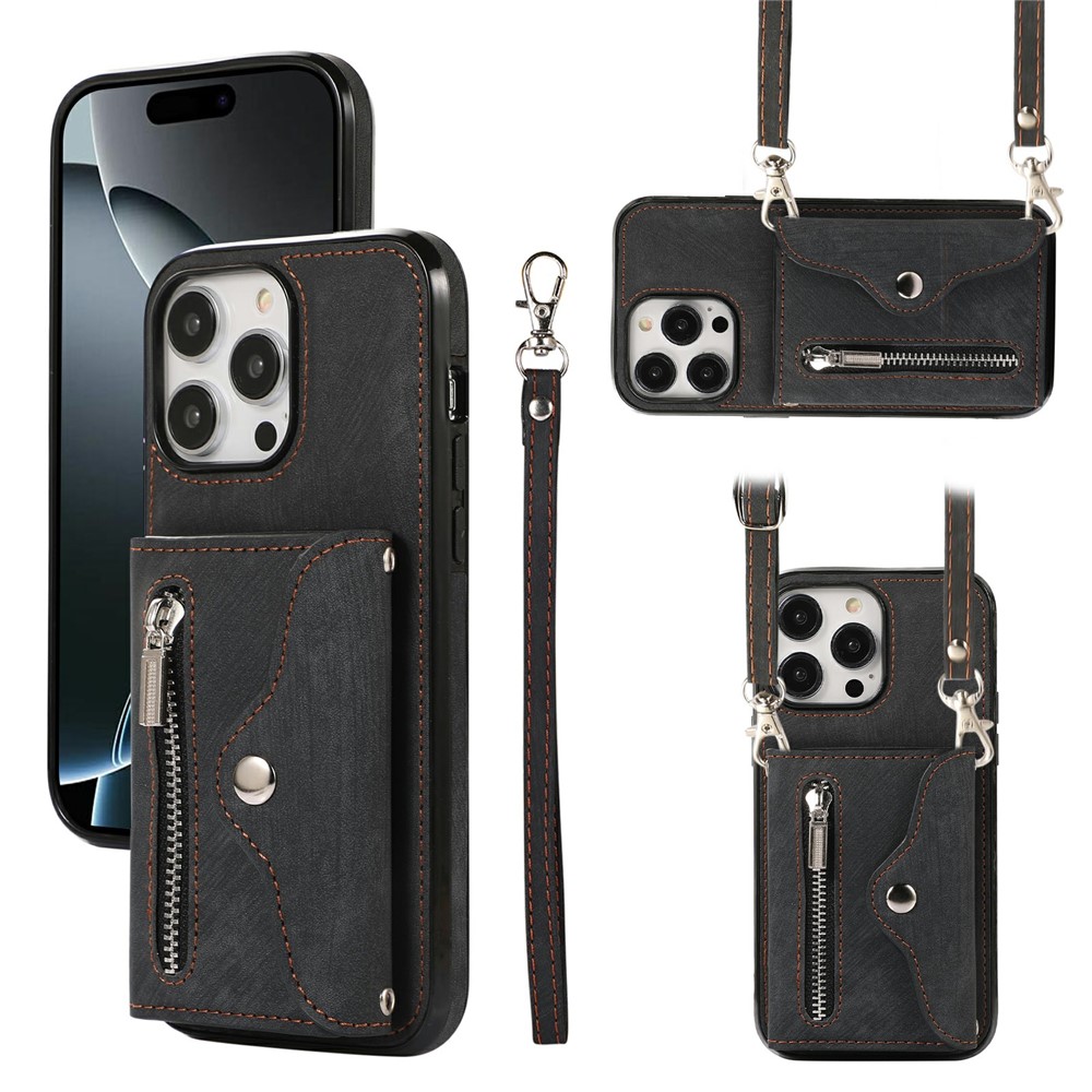 For iPhone 16 Pro Max Cell Phone Case PU Leather+TPU RFID Blocking Card Slots Cover with 2 Straps - Black