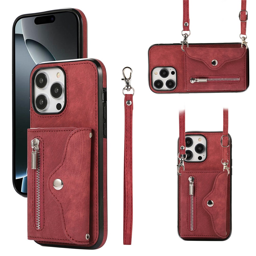 For iPhone 16 Pro Max Cell Phone Case PU Leather+TPU RFID Blocking Card Slots Cover with 2 Straps - Red