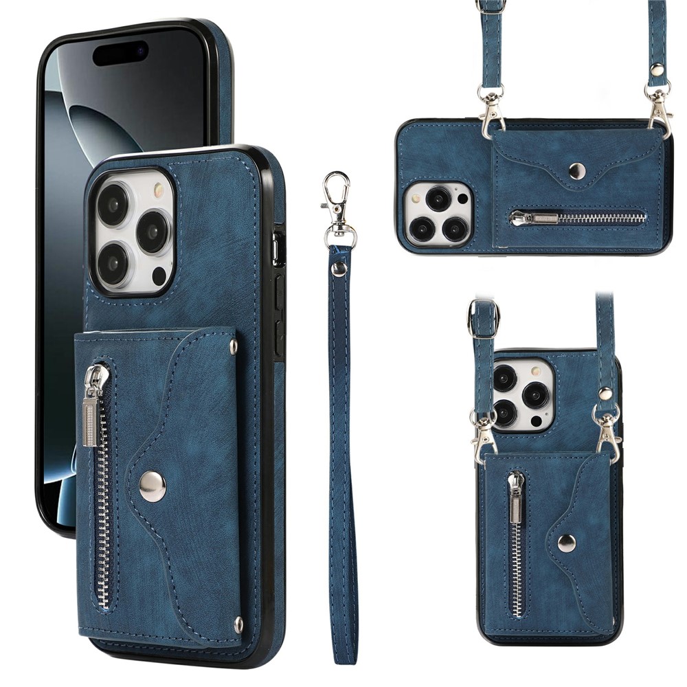 For iPhone 16 Pro Max Cell Phone Case PU Leather+TPU RFID Blocking Card Slots Cover with 2 Straps - Blue