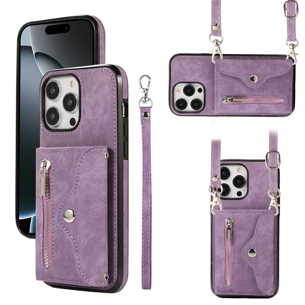 For iPhone 16 Pro Max Cell Phone Case PU Leather+TPU RFID Blocking Card Slots Cover with 2 Straps - Purple