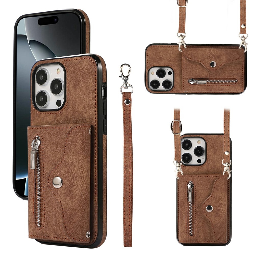For iPhone 16 Pro Max Cell Phone Case PU Leather+TPU RFID Blocking Card Slots Cover with 2 Straps - Brown