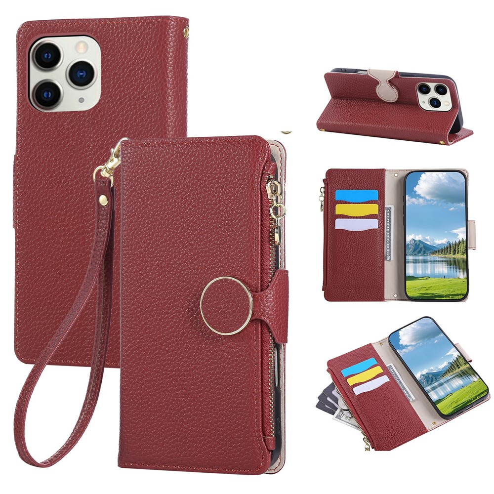 For iPhone 15 Pro Max Case Zipper Wallet Leather Phone Cover with Wrist Strap - Wine Red