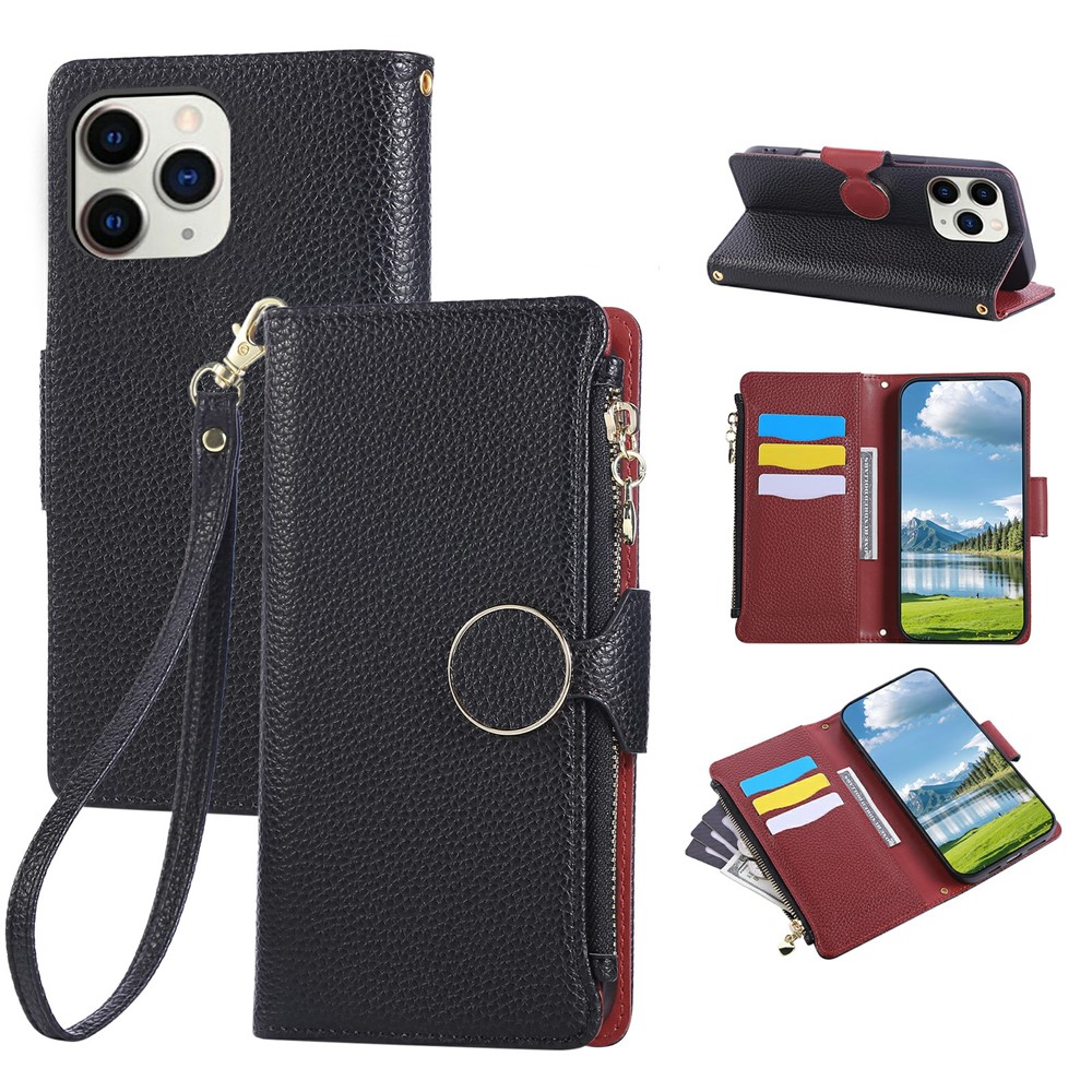 For iPhone 15 Pro Max Case Zipper Wallet Leather Phone Cover with Wrist Strap - Black