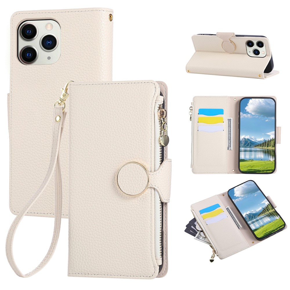 For iPhone 15 Pro Max Case Zipper Wallet Leather Phone Cover with Wrist Strap - Beige