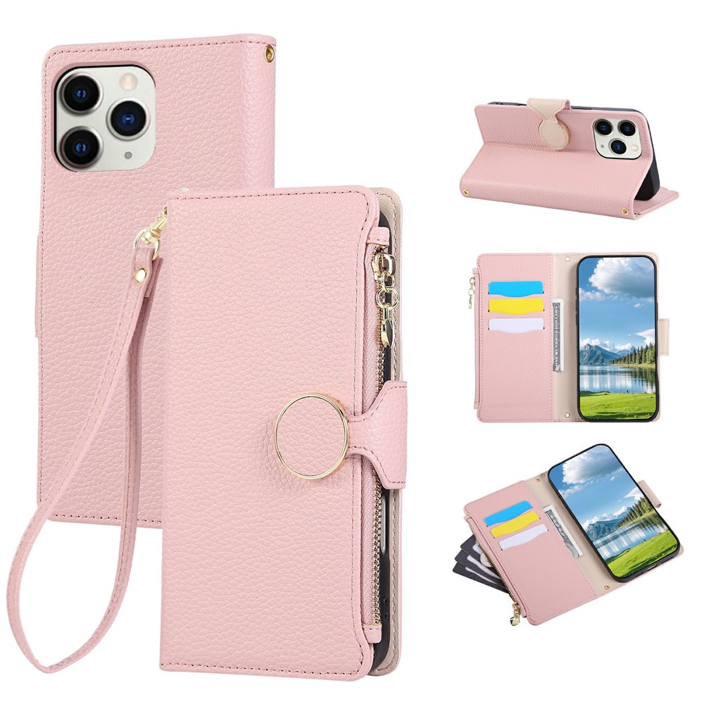 For iPhone 15 Pro Case Zipper Wallet Leather Phone Cover with Wrist Strap - Pink