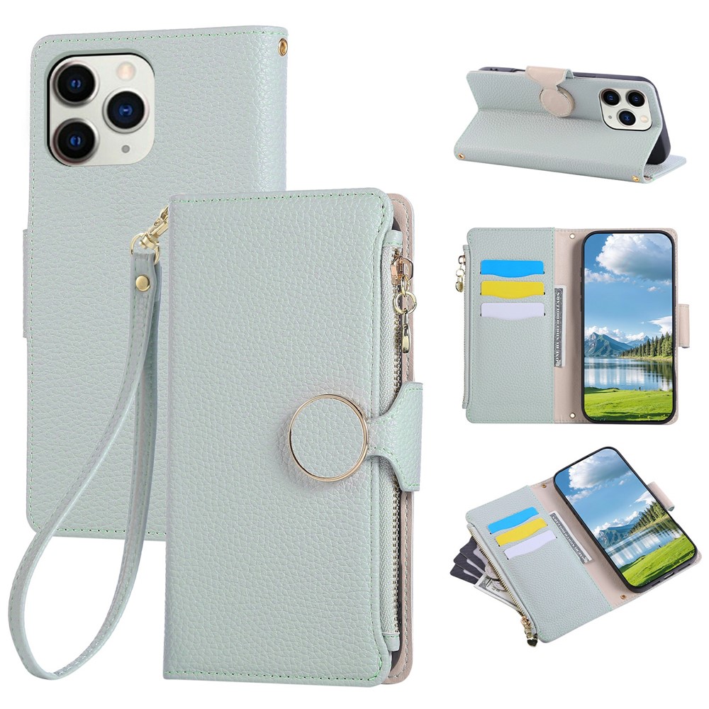 For iPhone 15 Pro Case Zipper Wallet Leather Phone Cover with Wrist Strap - Cyan