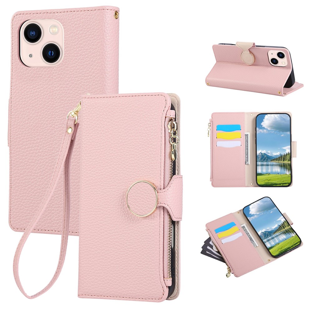 For iPhone 15 Case Zipper Wallet Leather Phone Cover with Wrist Strap - Pink