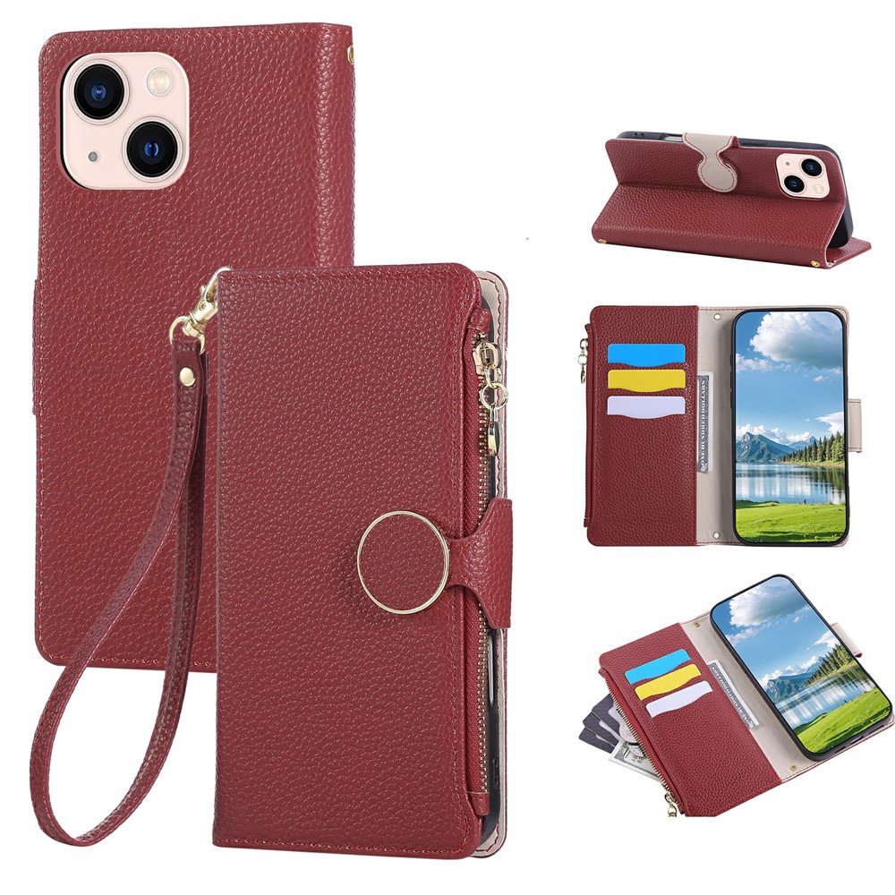 For iPhone 15 Case Zipper Wallet Leather Phone Cover with Wrist Strap - Wine Red