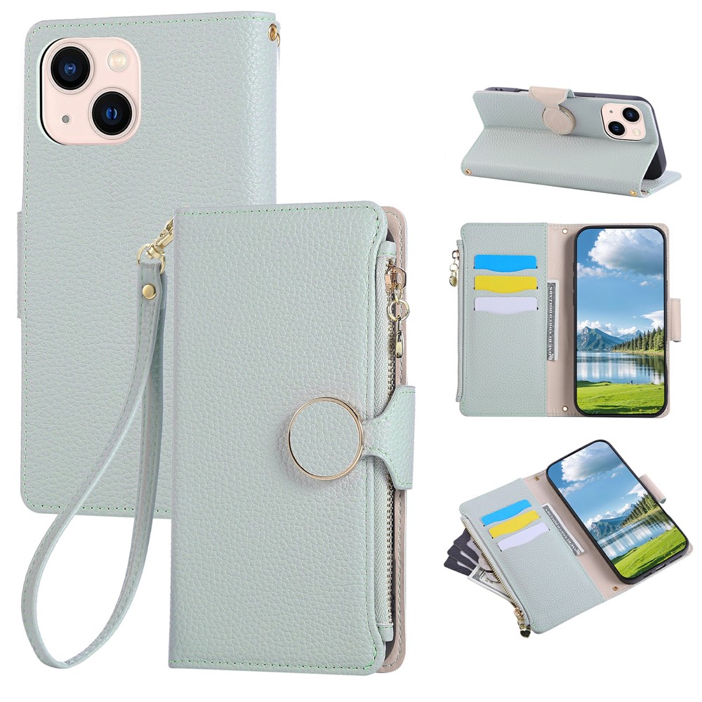 For iPhone 15 Case Zipper Wallet Leather Phone Cover with Wrist Strap - Cyan