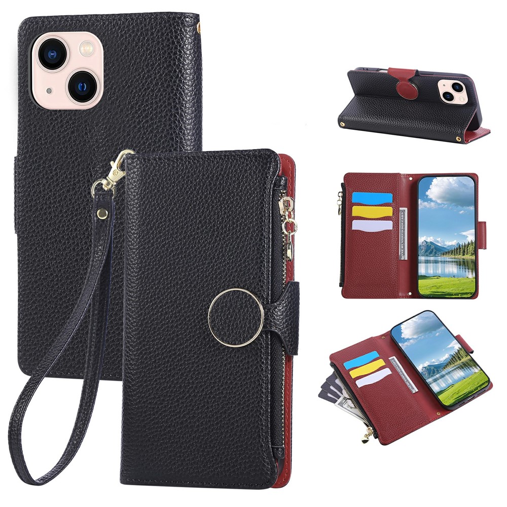 For iPhone 15 Case Zipper Wallet Leather Phone Cover with Wrist Strap - Black