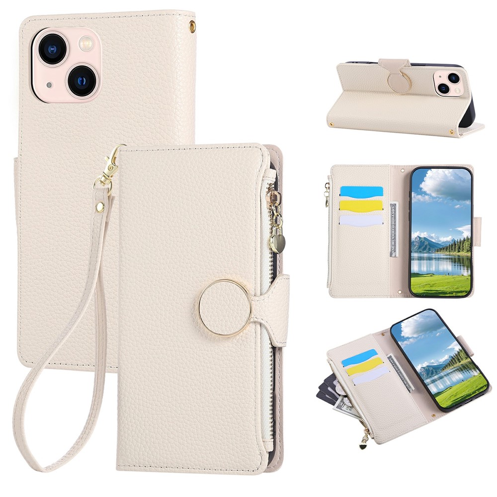 For iPhone 15 Case Zipper Wallet Leather Phone Cover with Wrist Strap - Beige