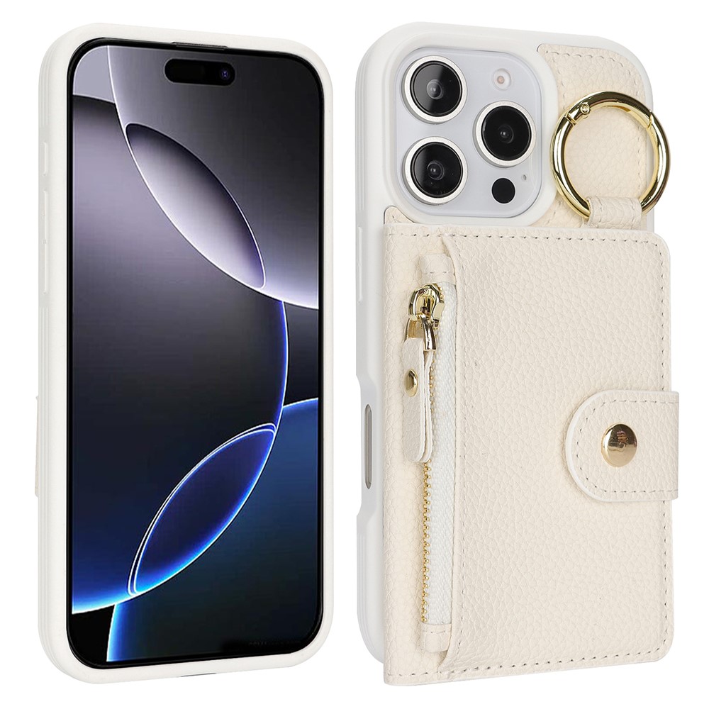For iPhone 16 Pro Max Case Litchi Textured PU Leather + TPU Kickstand Phone Cover with Card Slot - White