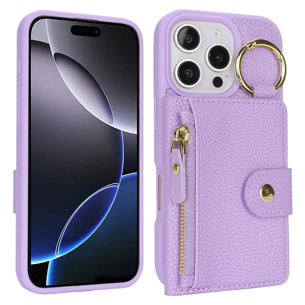For iPhone 16 Pro Max Case Litchi Textured PU Leather + TPU Kickstand Phone Cover with Card Slot - Purple