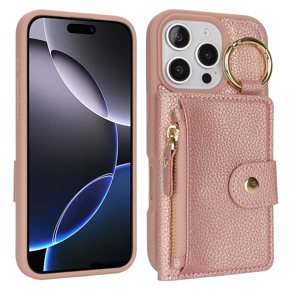 For iPhone 16 Pro Max Case Litchi Textured PU Leather + TPU Kickstand Phone Cover with Card Slot - Pink