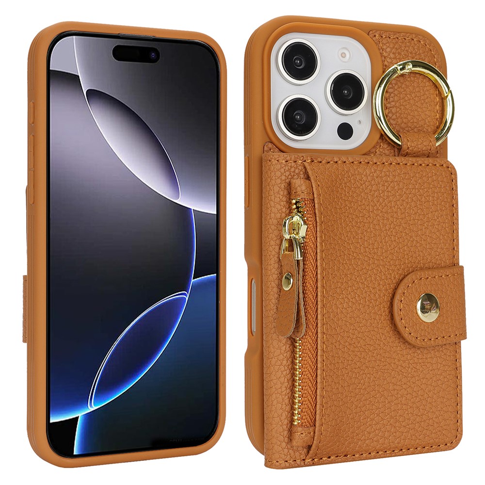 For iPhone 16 Pro Max Case Litchi Textured PU Leather + TPU Kickstand Phone Cover with Card Slot - Brown