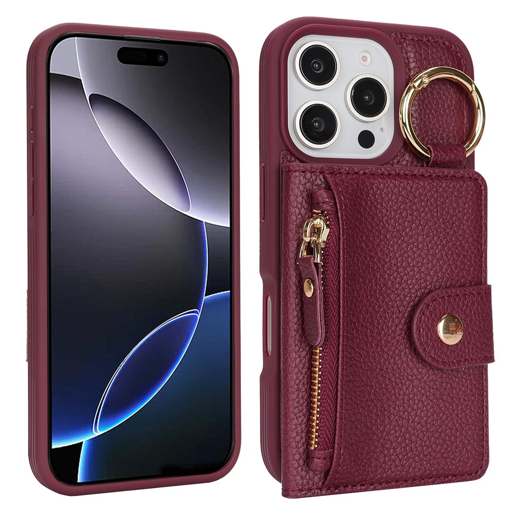 For iPhone 16 Pro Max Case Litchi Textured PU Leather + TPU Kickstand Phone Cover with Card Slot - Wine Red