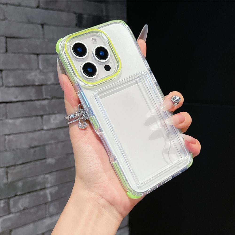 For iPhone 16 Pro Max Case Transparent PC + TPU Shockproof Phone Cover with Card Holder - Fluorescent Green