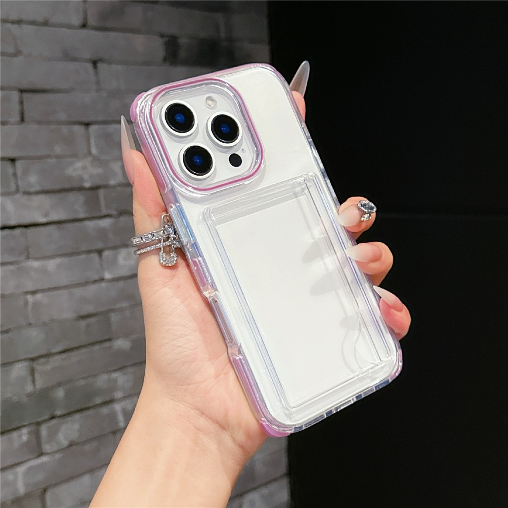 For iPhone 16 Pro Max Case Transparent PC + TPU Shockproof Phone Cover with Card Holder - Plum