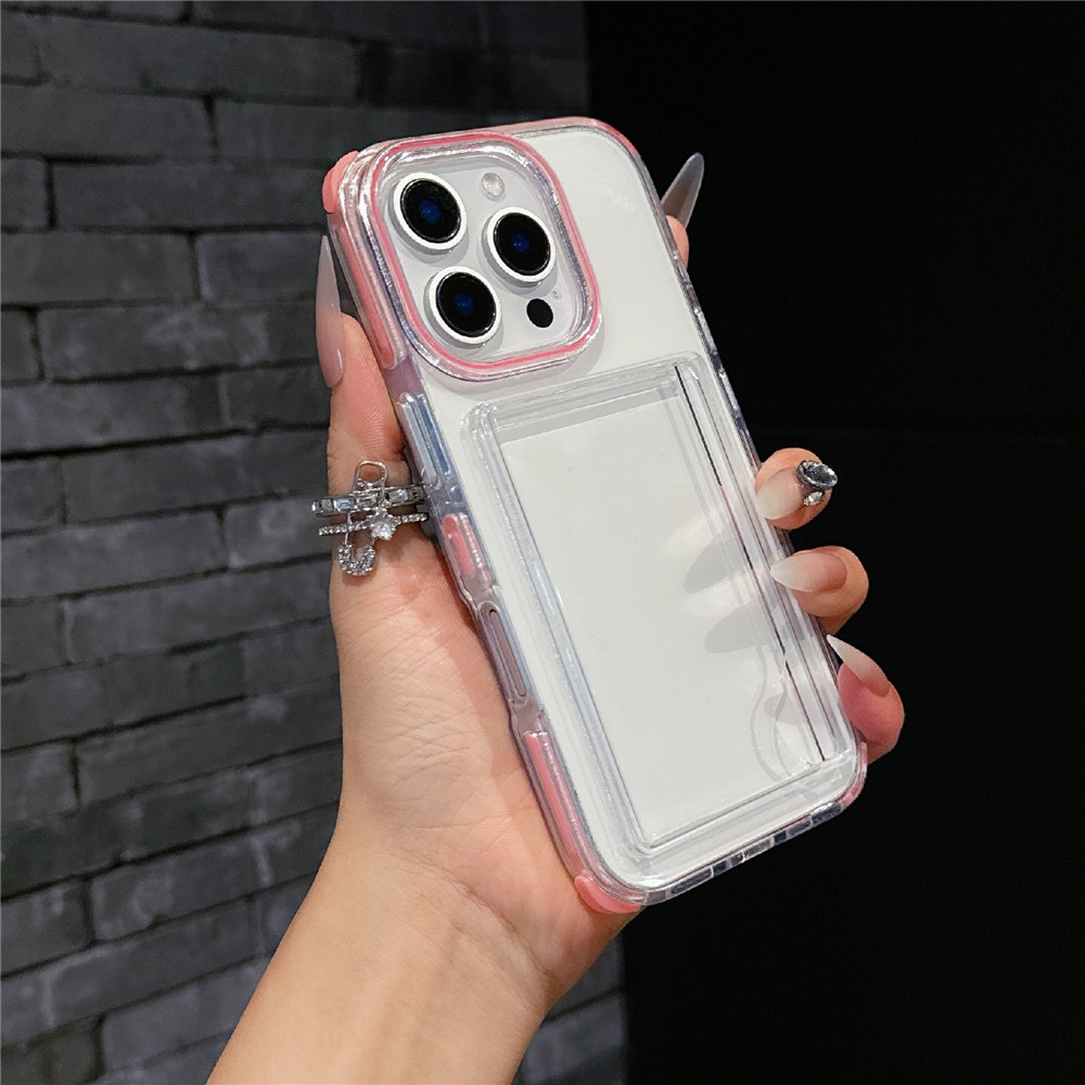 For iPhone 16 Pro Max Case Transparent PC + TPU Shockproof Phone Cover with Card Holder - Pink