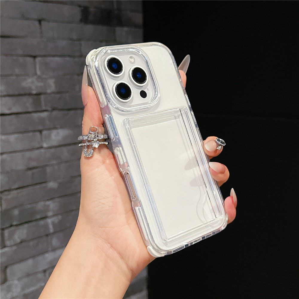 For iPhone 16 Pro Max Case Transparent PC + TPU Shockproof Phone Cover with Card Holder - White