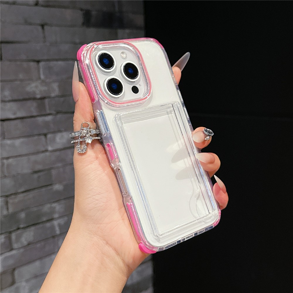 For iPhone 16 Pro Max Case Transparent PC + TPU Shockproof Phone Cover with Card Holder - Rose