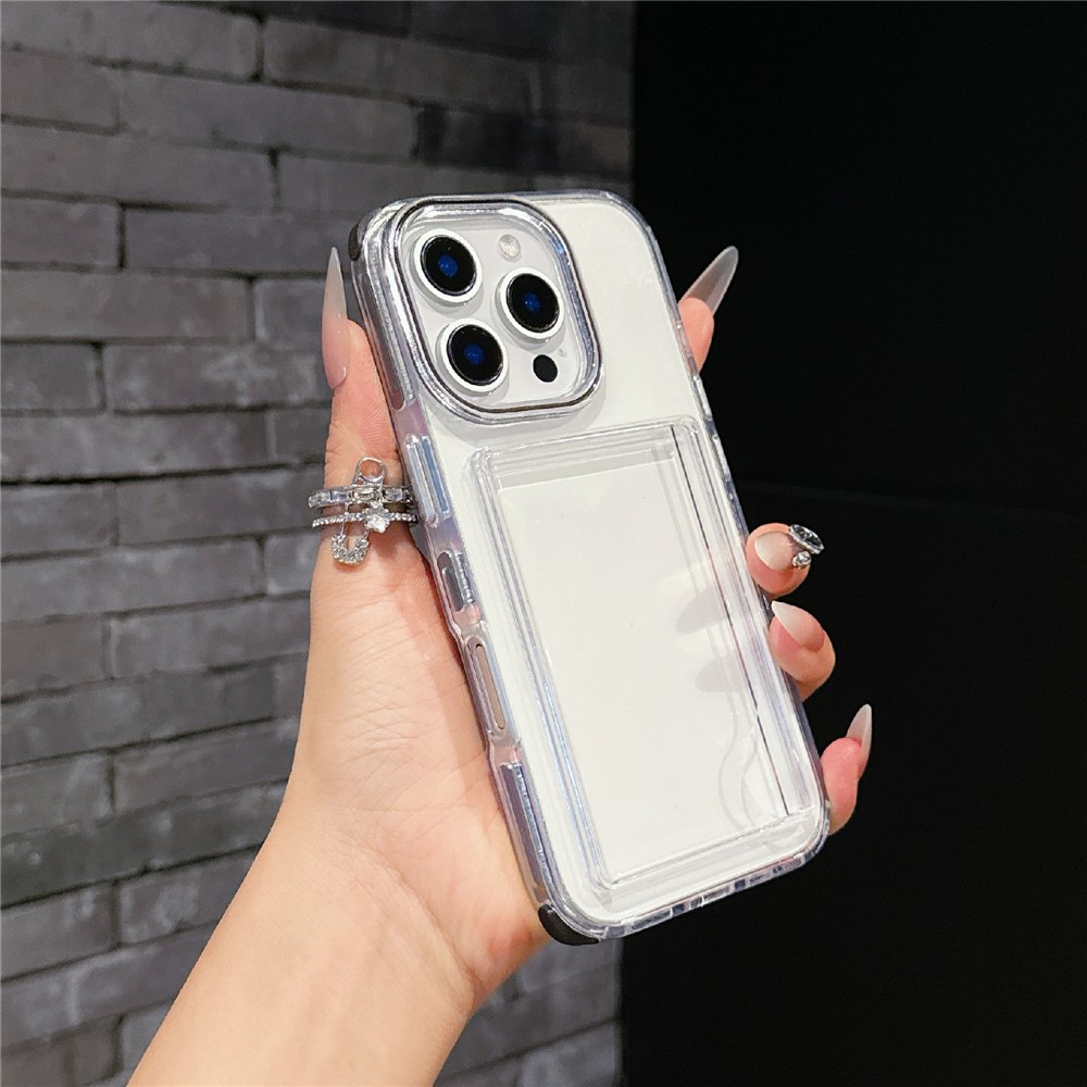 For iPhone 16 Pro Max Case Transparent PC + TPU Shockproof Phone Cover with Card Holder - Black