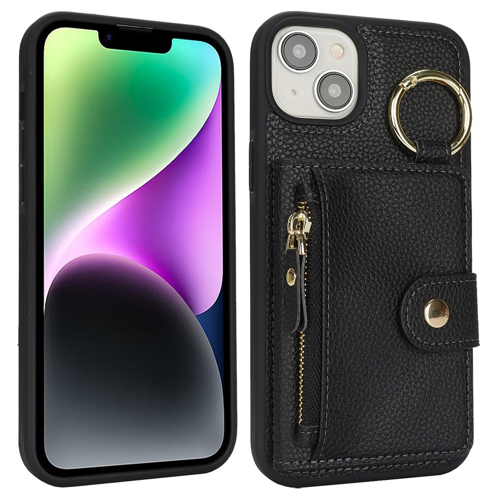 For iPhone 14 / 13 Case Litchi Textured PU Leather + TPU Kickstand Phone Cover with Card Slot - Black