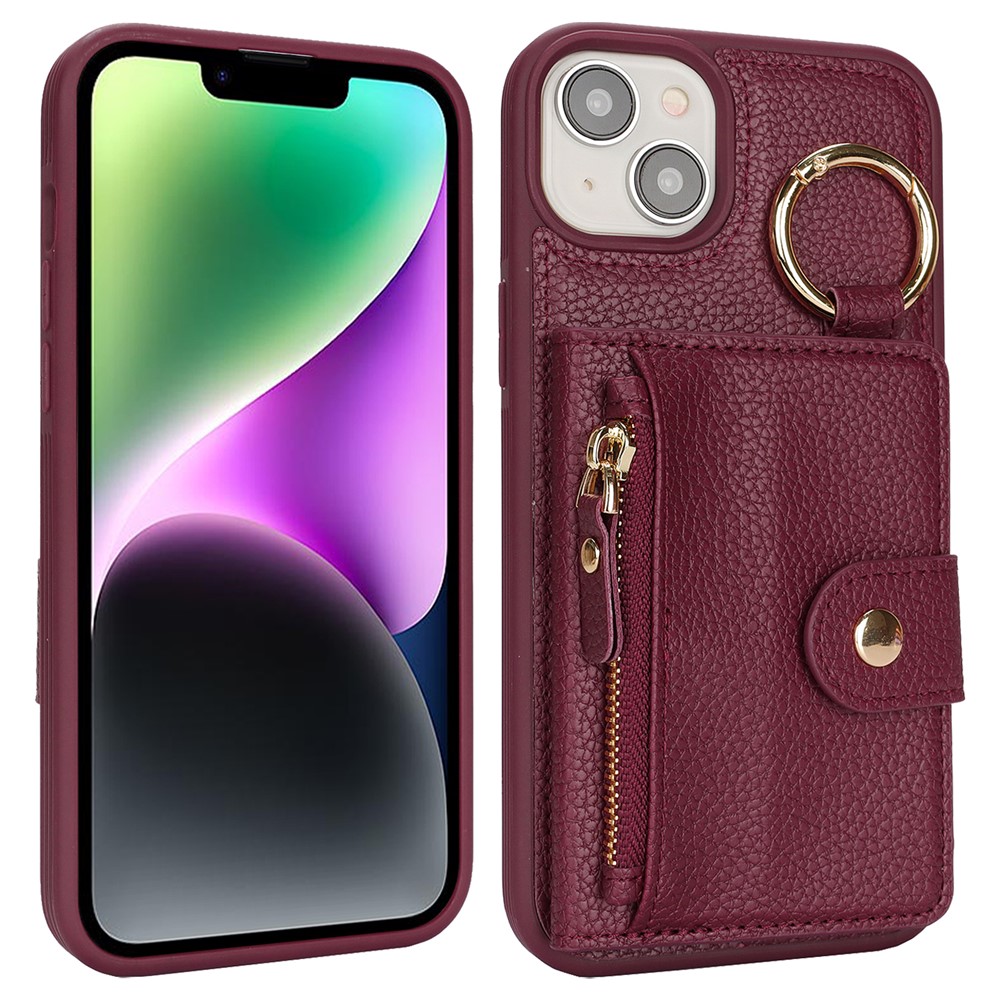 For iPhone 14 / 13 Case Litchi Textured PU Leather + TPU Kickstand Phone Cover with Card Slot - Wine Red