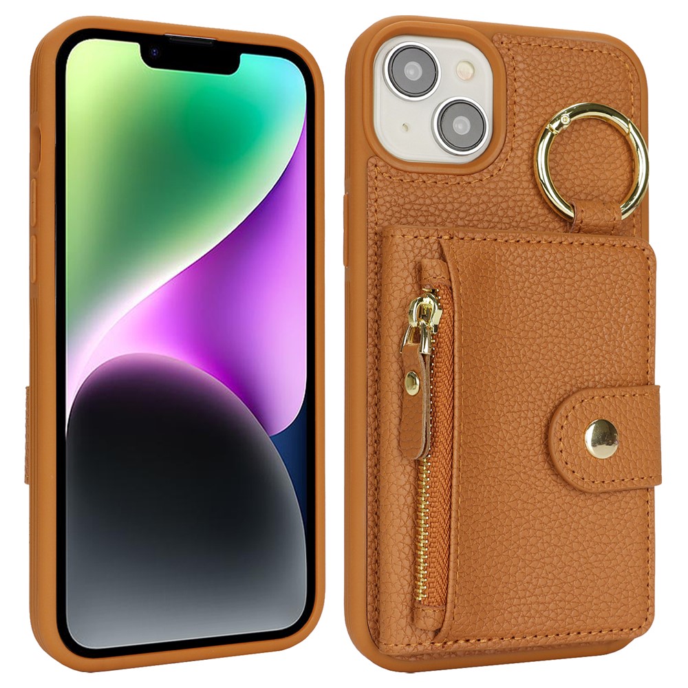 For iPhone 14 / 13 Case Litchi Textured PU Leather + TPU Kickstand Phone Cover with Card Slot - Brown