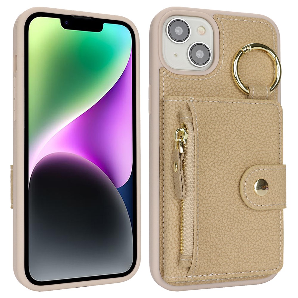 For iPhone 14 / 13 Case Litchi Textured PU Leather + TPU Kickstand Phone Cover with Card Slot - Beige