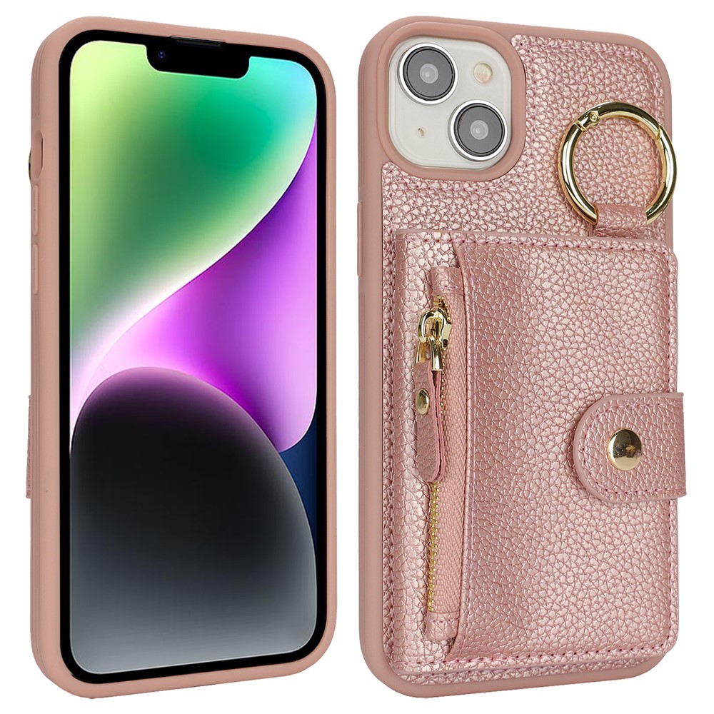 For iPhone 14 / 13 Case Litchi Textured PU Leather + TPU Kickstand Phone Cover with Card Slot - Pink