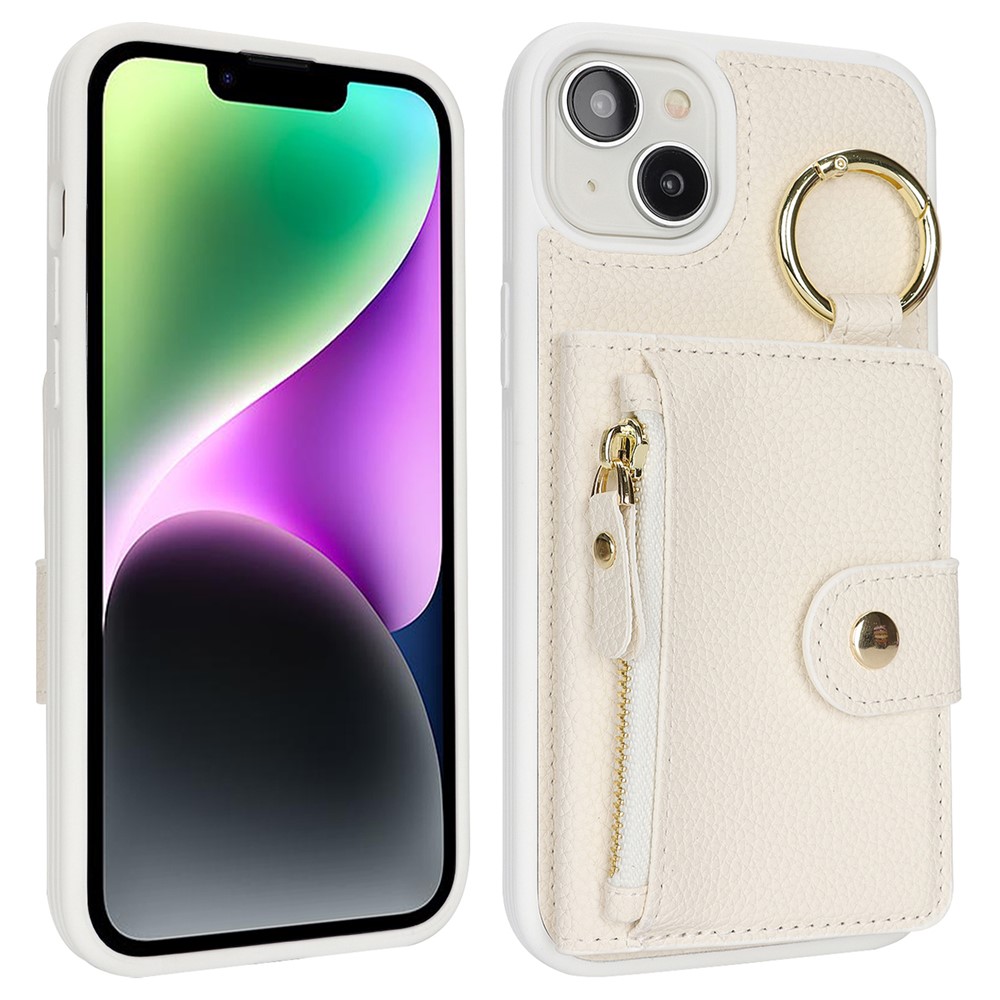 For iPhone 14 / 13 Case Litchi Textured PU Leather + TPU Kickstand Phone Cover with Card Slot - White
