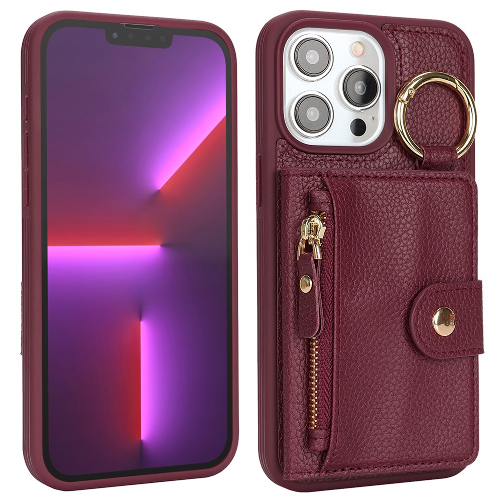 For iPhone 13 Pro Max / 12 Pro Max Case Litchi Textured PU Leather + TPU Kickstand Phone Cover with Card Slot - Wine Red