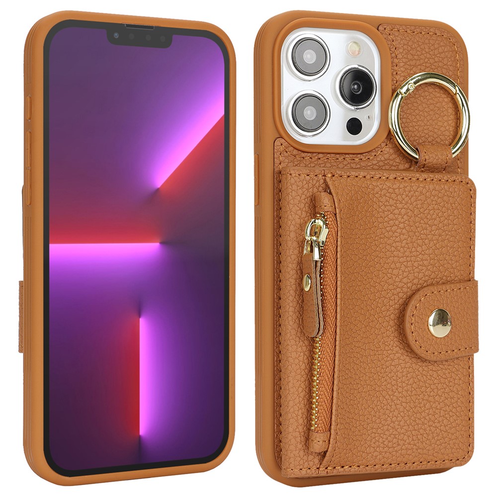 For iPhone 13 Pro Max / 12 Pro Max Case Litchi Textured PU Leather + TPU Kickstand Phone Cover with Card Slot - Brown
