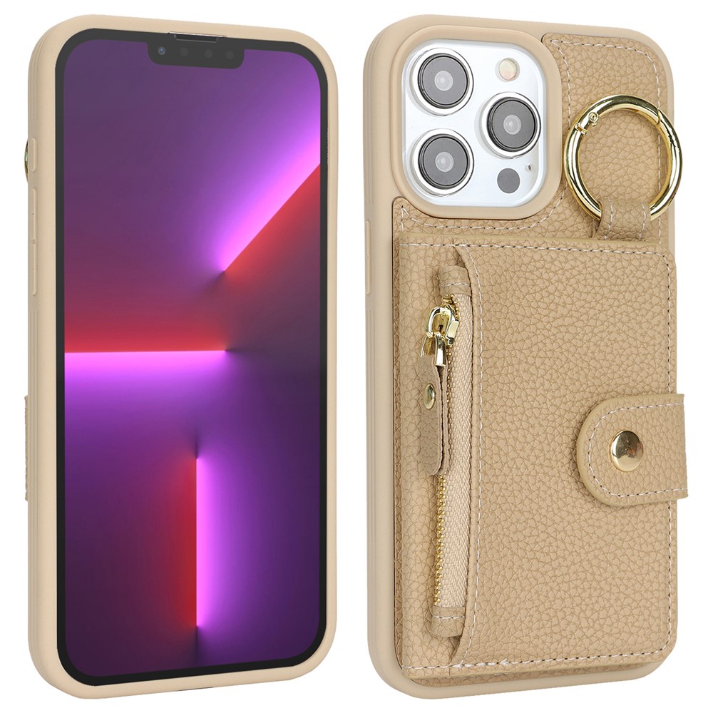 For iPhone 13 Pro Max / 12 Pro Max Case Litchi Textured PU Leather + TPU Kickstand Phone Cover with Card Slot - Beige