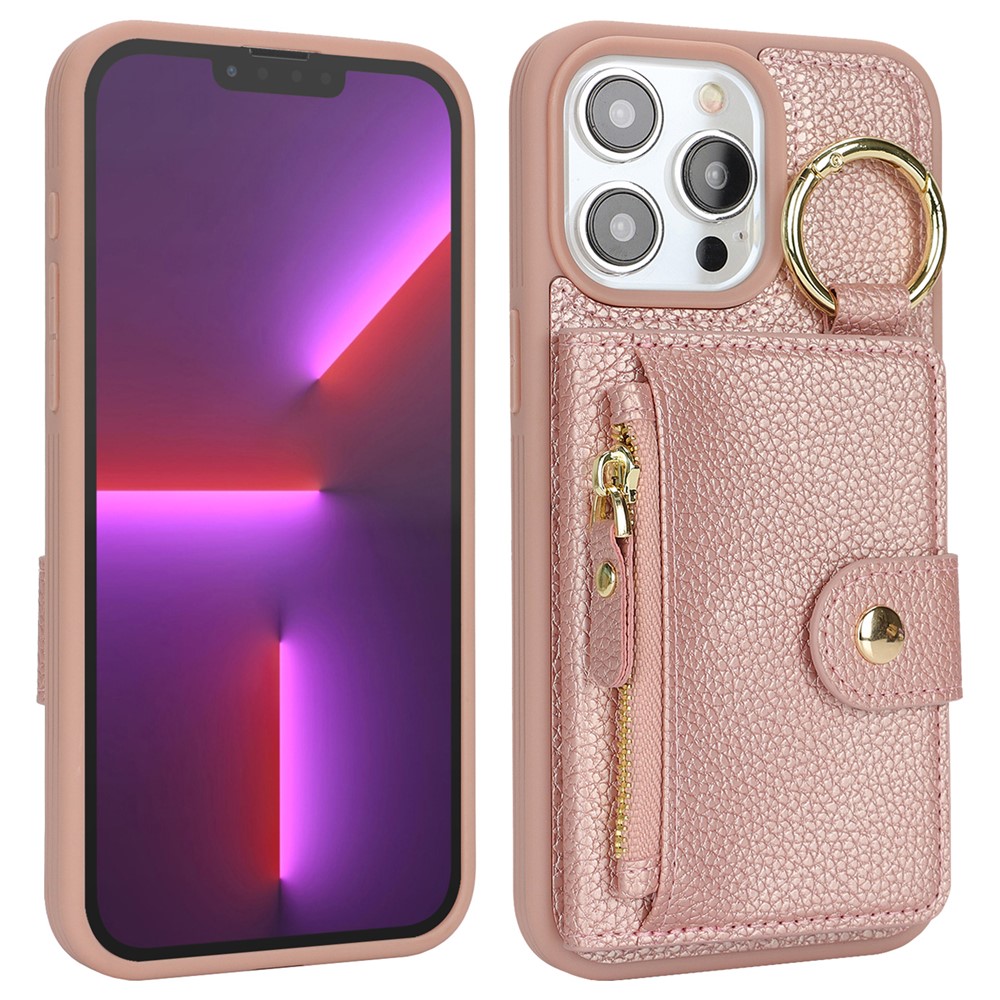 For iPhone 13 Pro Max / 12 Pro Max Case Litchi Textured PU Leather + TPU Kickstand Phone Cover with Card Slot - Pink