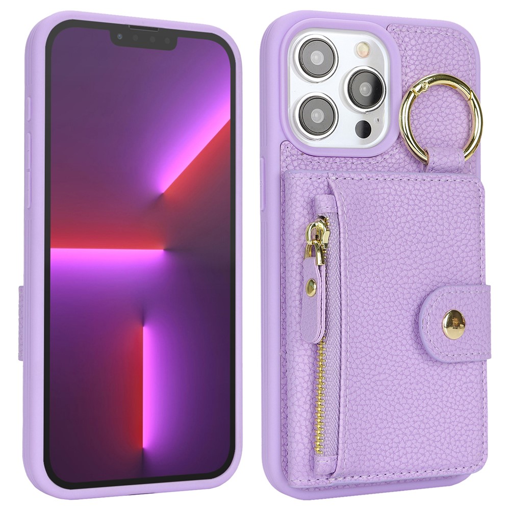 For iPhone 13 Pro Max / 12 Pro Max Case Litchi Textured PU Leather + TPU Kickstand Phone Cover with Card Slot - Purple