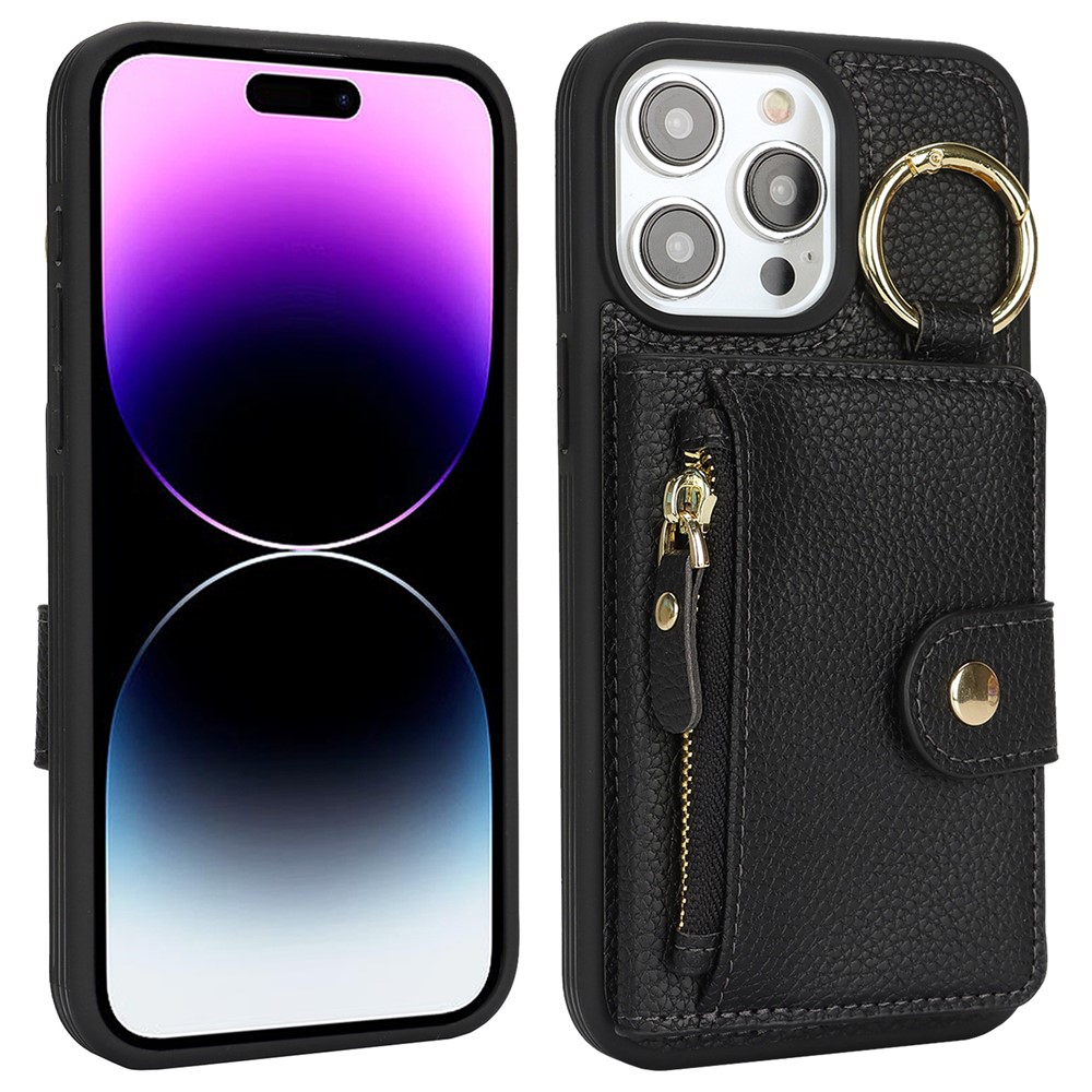 For iPhone 14 Pro Max Case Litchi Textured PU Leather + TPU Kickstand Phone Cover with Card Slot - Black