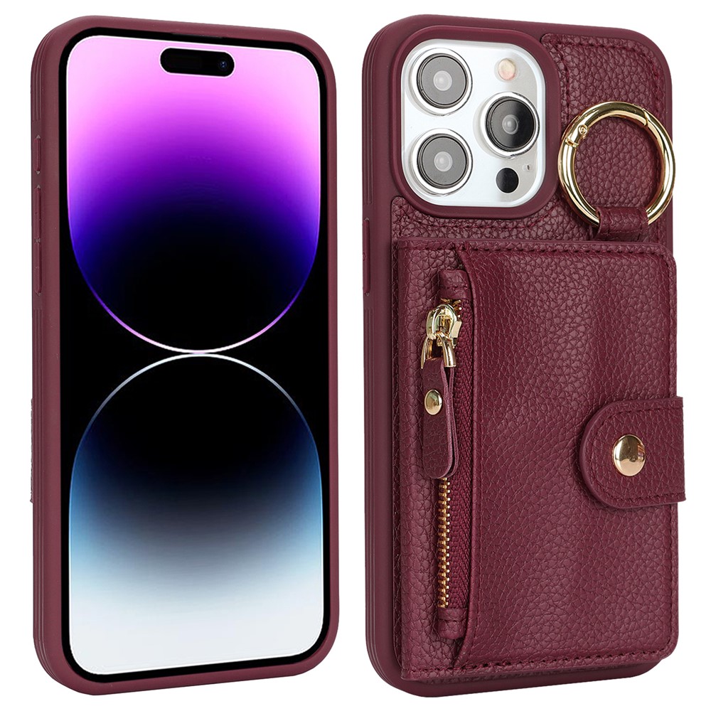 For iPhone 14 Pro Max Case Litchi Textured PU Leather + TPU Kickstand Phone Cover with Card Slot - Wine Red