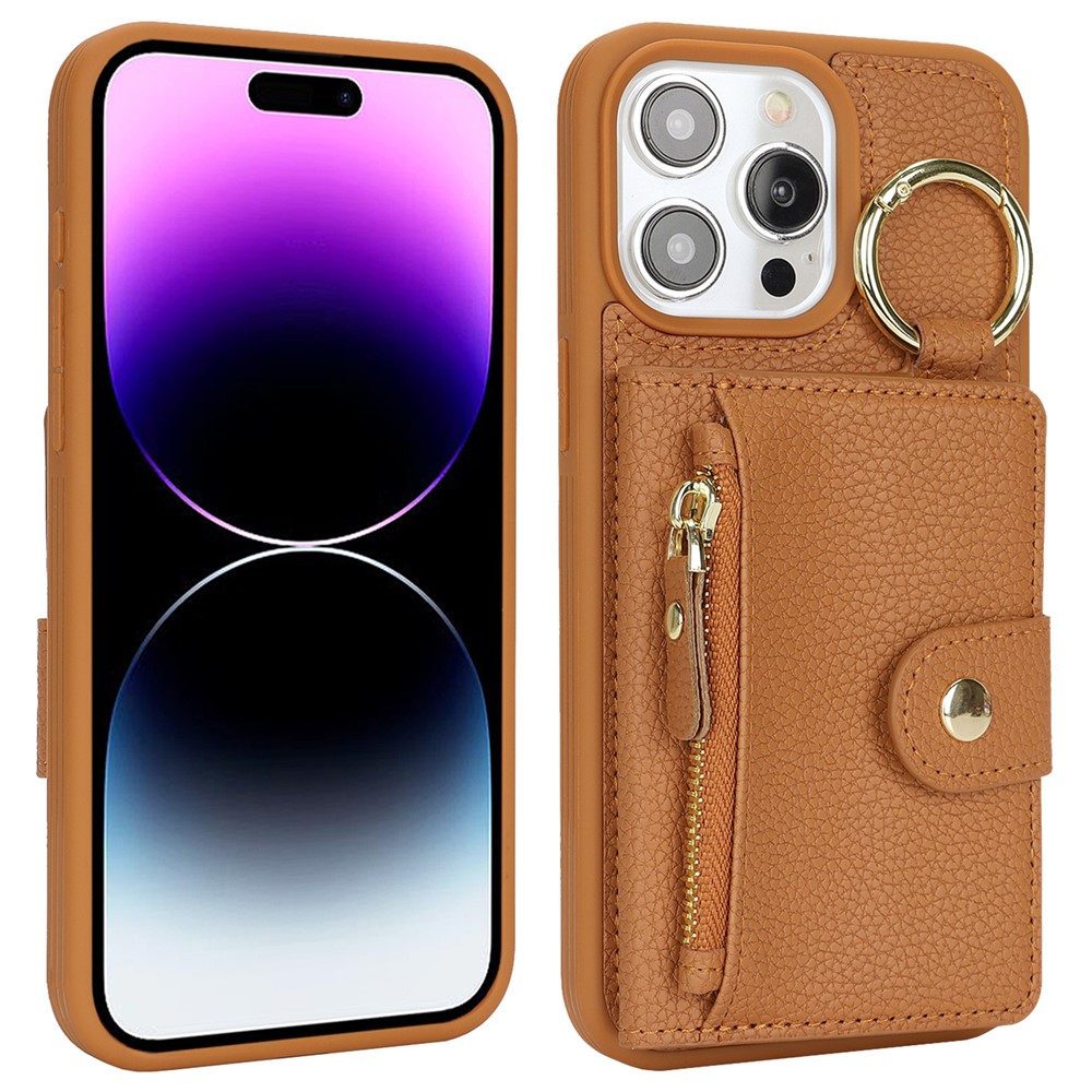 For iPhone 14 Pro Max Case Litchi Textured PU Leather + TPU Kickstand Phone Cover with Card Slot - Brown