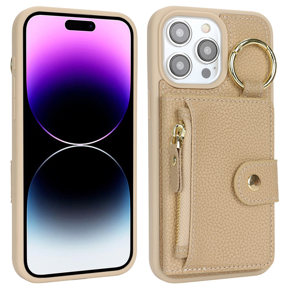 For iPhone 14 Pro Max Case Litchi Textured PU Leather + TPU Kickstand Phone Cover with Card Slot - Beige
